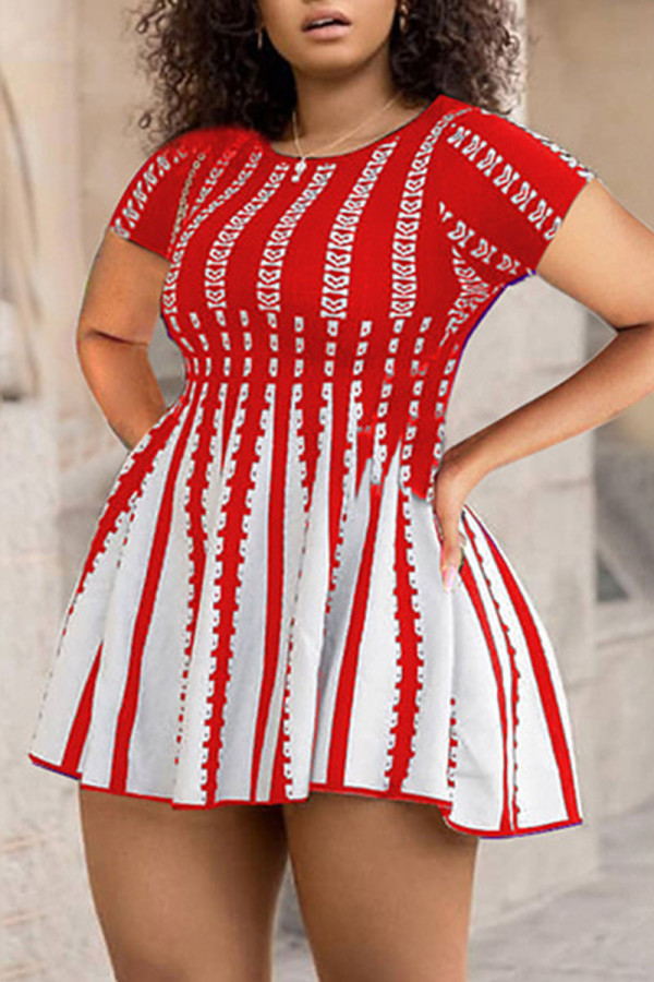 Robes trapèze rouges décontractées à imprimé rayé, col rond, patchwork