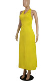Yellow Sexy Solid Bandage Patchwork Halter A Line Dresses