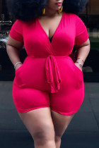Red Casual Solid Bandage Patchwork V Neck Plus Size Jumpsuits