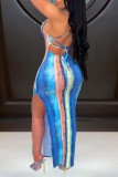 Lichtblauwe mode sexy print gekruiste bandjes spleet spaghetti band mouwloze jurk