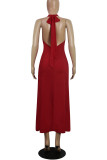 Red Sexy Solid Bandage Patchwork Halter A Line Dresses