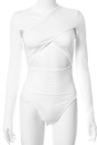 Bodysuits skinny com decote em V vazados em patchwork branco creme sexy sólido