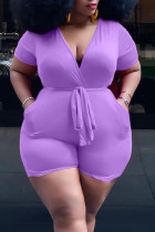 Roxo Casual Solid Bandage Patchwork V Neck Macacões Plus Size