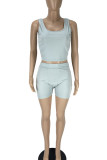Light Blue Solid Patchwork U Neck Sleeveless Two Pieces