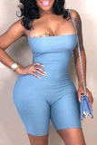 Tibetan Blue Sexy Solid Hollowed Out Strapless Skinny Rompers