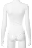 Bodysuits skinny com decote em V vazados em patchwork branco creme sexy sólido