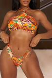 Gradient Color Sexy Print Hollowed Out Patchwork Swimwears