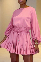 Розовые повседневные однотонные платья в стиле пэчворк с круглым вырезом и юбкой-торт