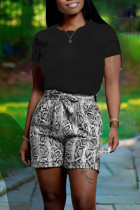 Black Casual Print Patchwork O Neck Short Sleeve Two Pieces