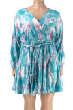 Bleu poudre doux imprimé patchwork Frenulum col en V une ligne robes de grande taille