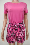 Rose Red Casual Print Patchwork O Neck Short Sleeve Two Pieces