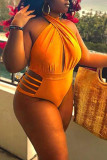 Yellow Sexy Solid Hollowed Out Patchwork Halter Plus Size Swimwear