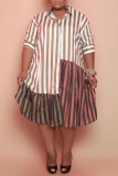 Rosa Mode Plus Size Gestreiftes Print Patchwork Umlegekragen-Hemdkleid (ohne Gürtel)