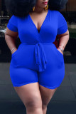 Red Casual Solid Bandage Patchwork V Neck Plus Size Jumpsuits