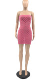 Pink Sexy Solid Hollowed Out Patchwork Strapless Pencil Skirt Dresses