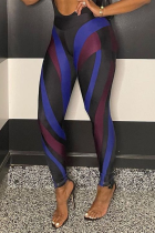 Blaue, sexy bedruckte Patchwork-Hose mit hoher Taille und Bleistift-Volldruck