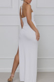 White Sexy Solid Hollowed Out Patchwork High Opening Halter Straight Dresses