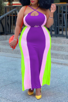 Púrpura Sexy Rayas Patchwork Halter Rectos Vestidos de talla grande