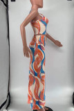 Tangerine Casual Print Patchwork U Neck Sleeveless Two Pieces