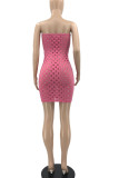 Pink Sexy Solid Hollowed Out Patchwork Strapless Pencil Skirt Dresses