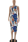 Blue Sexy Print Hollowed Out Patchwork O Neck Pencil Skirt Dresses