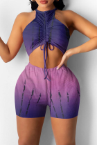 Фиолетовый сексуальный принт в стиле пэчворк с круглым вырезом без рукавов из двух частей