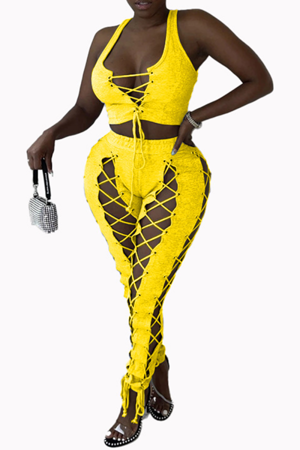 Yellow Sexy Solid Hollowed Out V Neck Sleeveless Two Pieces