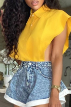Yellow Sexy Solid Patchwork Turndown Collar Tops