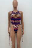 Tangerine Red Sexy Print Hollowed Out Patchwork Draw String Swimwears
