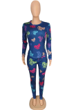 Deep Blue Casual Print Patchwork O Neck Long Sleeve Two Pieces
