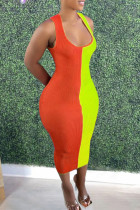 Tangerine Casual Stripe Print Patchwork U Neck Pencil Skirt Vests Tank Bodycon Midi Dresses