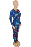 Deep Blue Casual Print Patchwork O Neck Long Sleeve Two Pieces