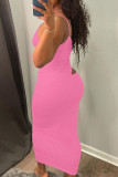 ピンクのセクシーなソリッドくり抜きパッチワークスパゲッティストラップペンシルスカートドレス