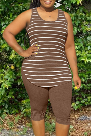 Brown blend Casual Slip Striped Print Two Piece Suits Stripe Plus Size