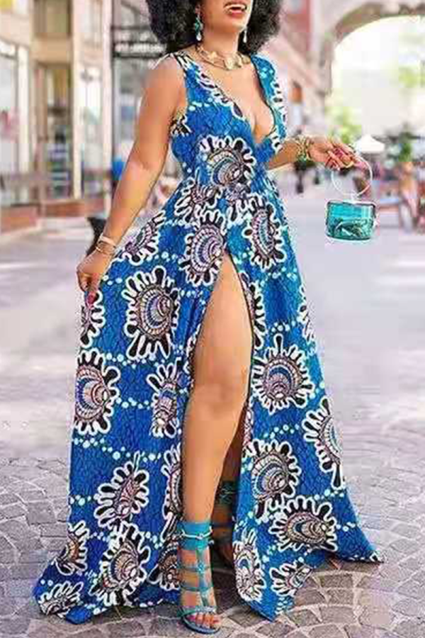 Robes de robe irrégulières à col en V et à imprimé sexy bleu profond