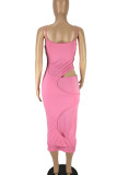 ピンクのセクシーなソリッドくり抜きパッチワークスパゲッティストラップペンシルスカートドレス
