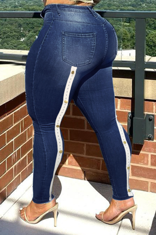 Djupblå Casual Solid Spänne Skinny Denim Jeans med hög midja