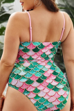 Pink Sexy Print Patchwork Spaghetti Strap Plus Size Swimwear