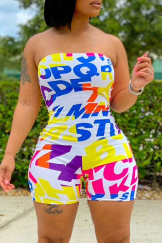 White Sexy Print Split Joint Strapless Skinny Jumpsuits