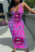 Фиолетовое модное сексуальное базовое платье с U-образным вырезом и принтом