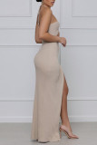Khaki Sexy Solid Hollowed Out Patchwork High Opening Halter Straight Dresses