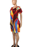 Red Casual Print Patchwork Pocket V Neck Straight Plus Size Dresses