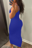 Синий сексуальный сплошной выдолбленный лоскутное платье-юбка-карандаш на тонких бретелях