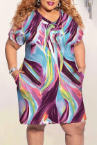 Paarse casual print patchwork zak met V-hals rechte grote maten jurken