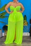 Green Sexy Solid Mesh Strapless Mesh Dress Plus Size Two Pieces