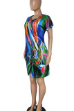 Red Casual Print Patchwork Pocket V Neck Straight Plus Size Dresses
