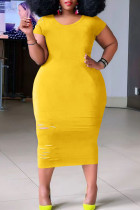 Gele casual gescheurde patchwork O-hals rechte grote maten jurken