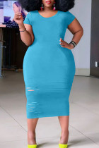 Light Blue Casual Ripped Patchwork O Neck Straight Plus Size Dresses