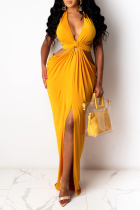 Желтое сексуальное сплошное выдолбленное платье с лямкой на шее Нерегулярное платье Платья