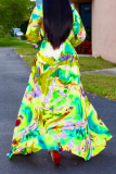 Бирюзовые повседневные платья-юбки с V-образным вырезом и принтом в стиле пэчворк